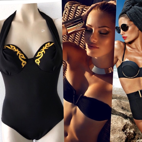 Miraclesuit Other - MIRACLESUIT BLACK GOLD EMBROIDERED HALTER SWIMSUIT